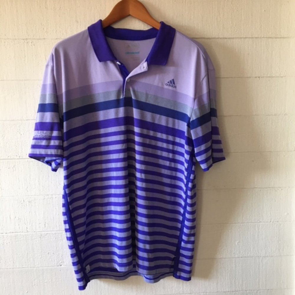 Adidas Purple Striped Climacool Golf Shirt LARGE